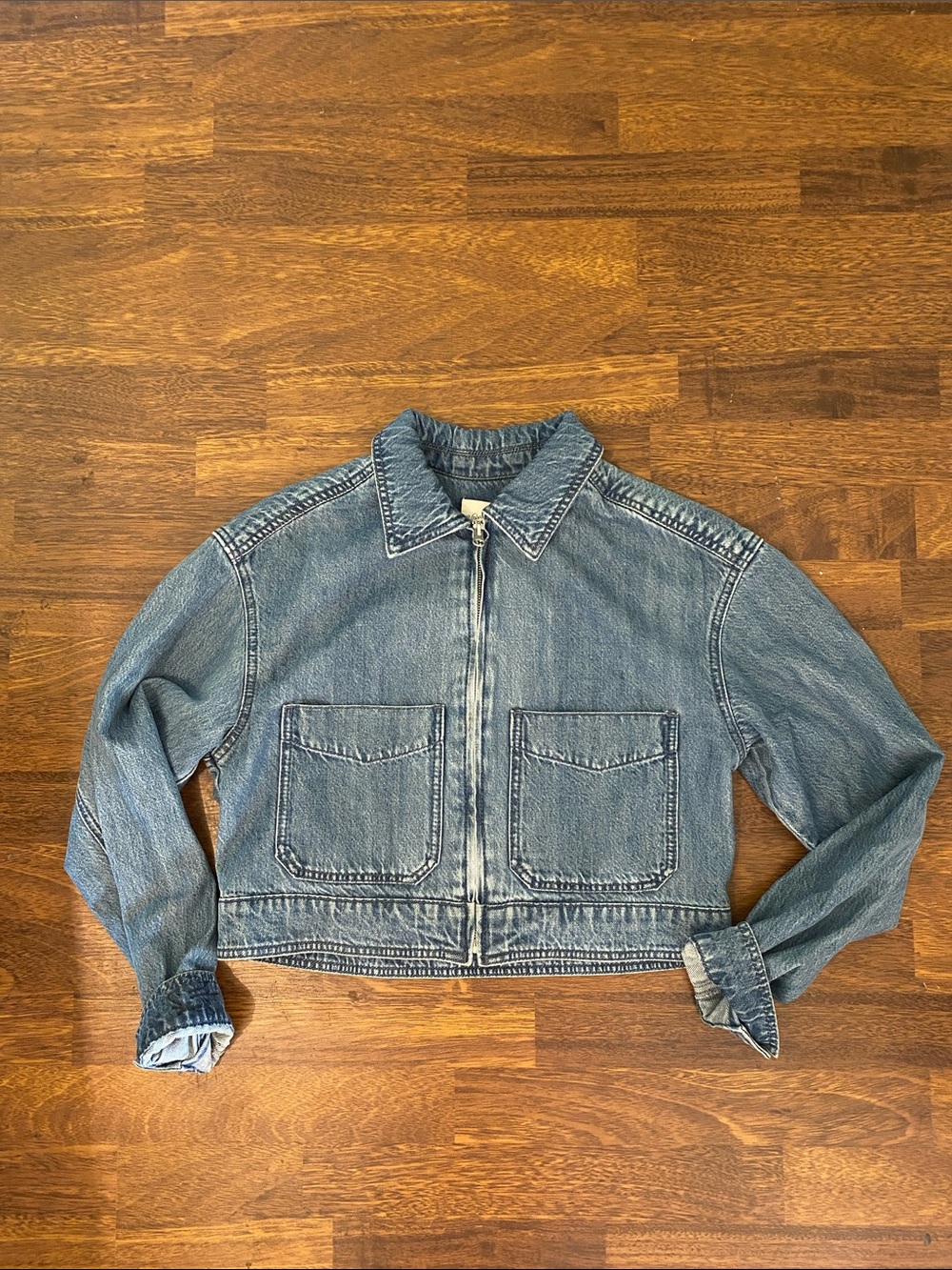 Universal Thread Blue Cropped Denim Zip Jacket with Front Patch Pockets